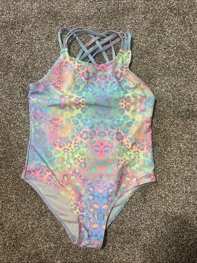 Source Unknown Pastel Rainbow Leopard One-Piece Swimsuit with Crisscross Back